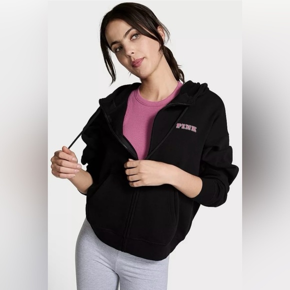 Victoria’s Secret PINK Campus Full zip up Hoodie Black And Pink Size Xl Fleece - Picture 3 of 3